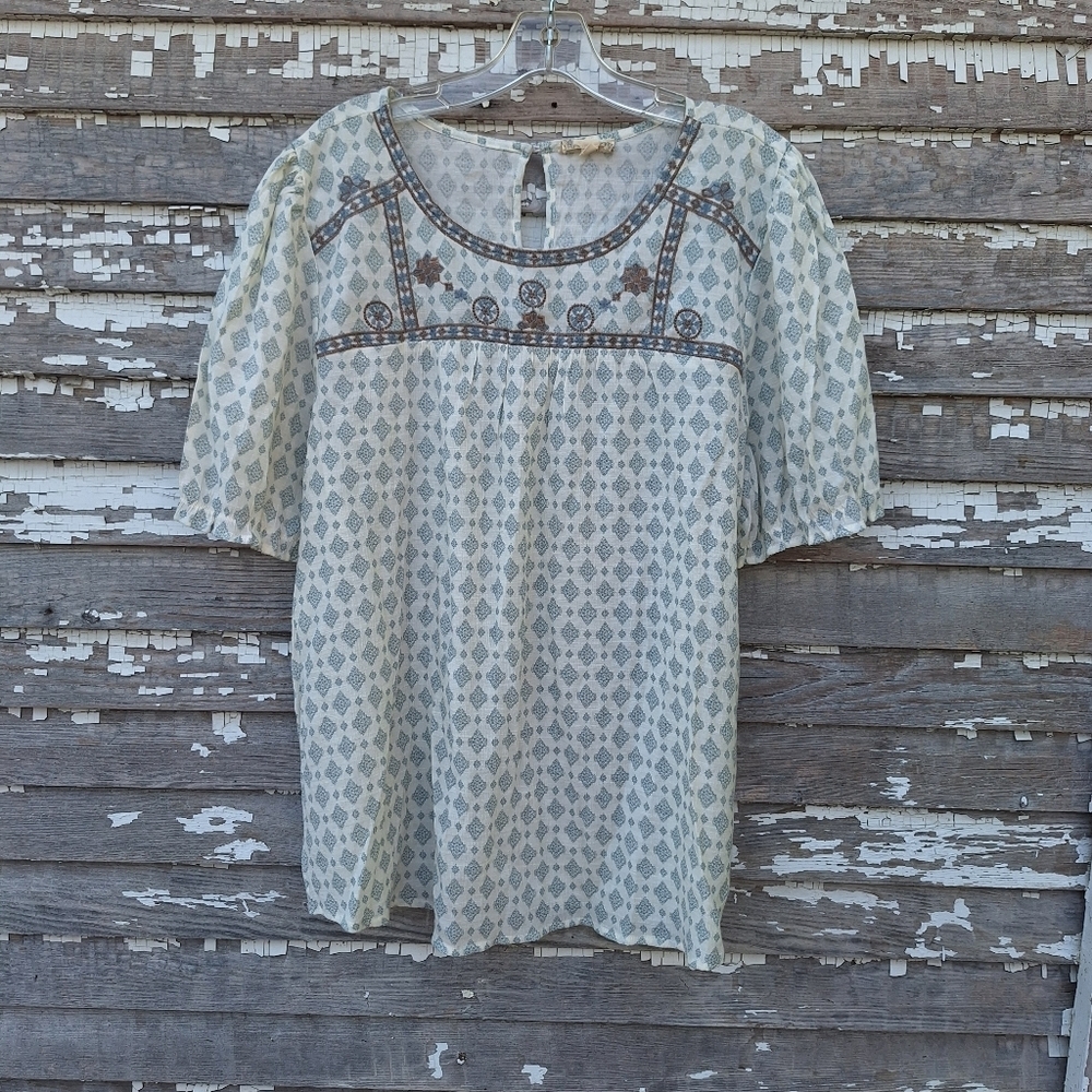 Light Blue Patterned Women's Blouse with Embroidered Yoke